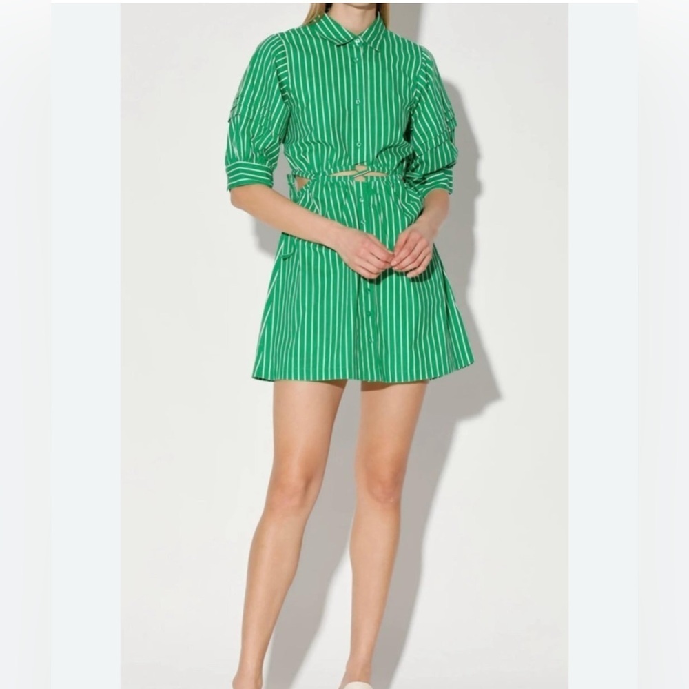 Walter Baker Merra Cutout Striped Green Cotton Shirt Mini Dress Size XL. NWT.